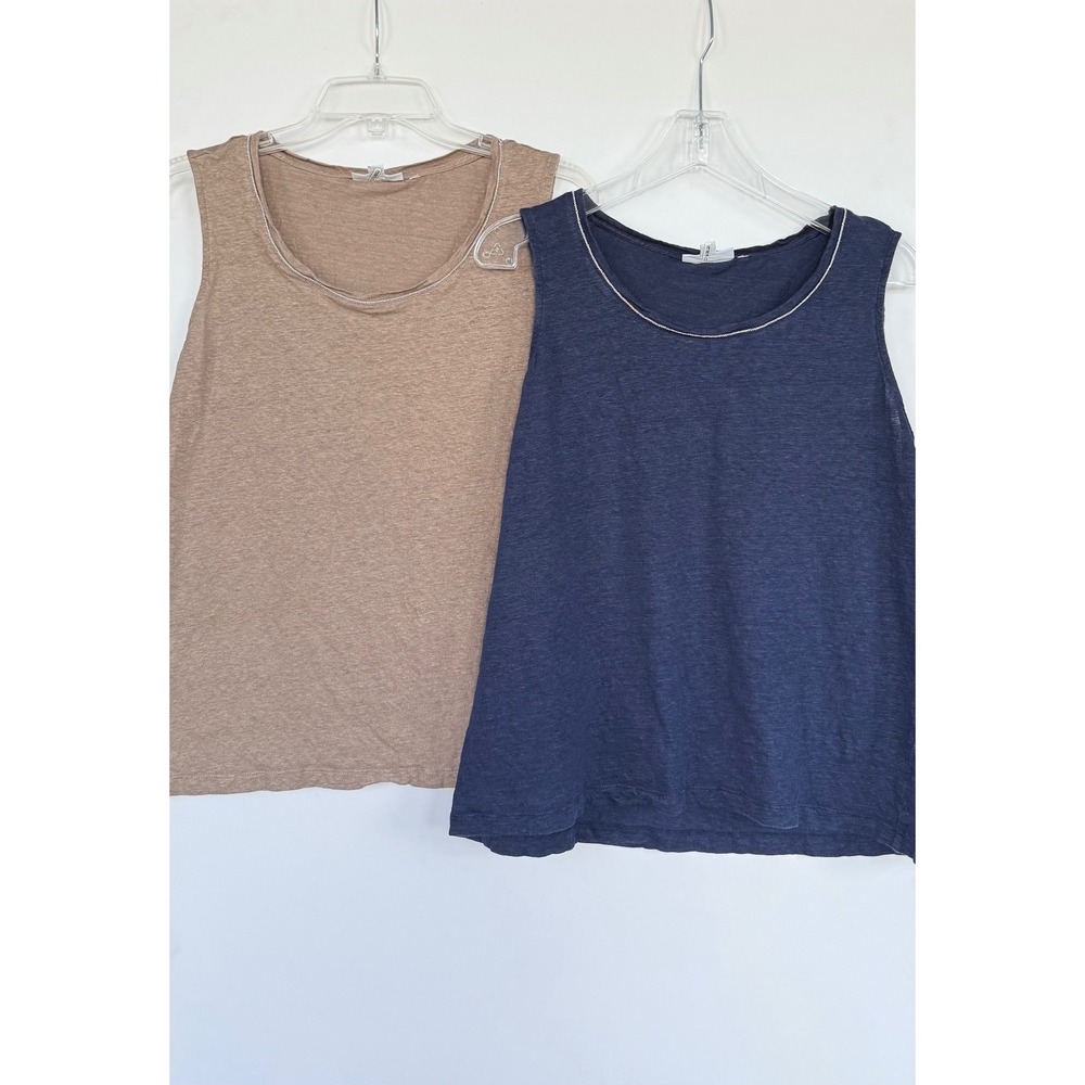 Chicos 100% Linen Tank Top Set 2 Navy Tan Metallic Trim Scoop Neck Layering Boho